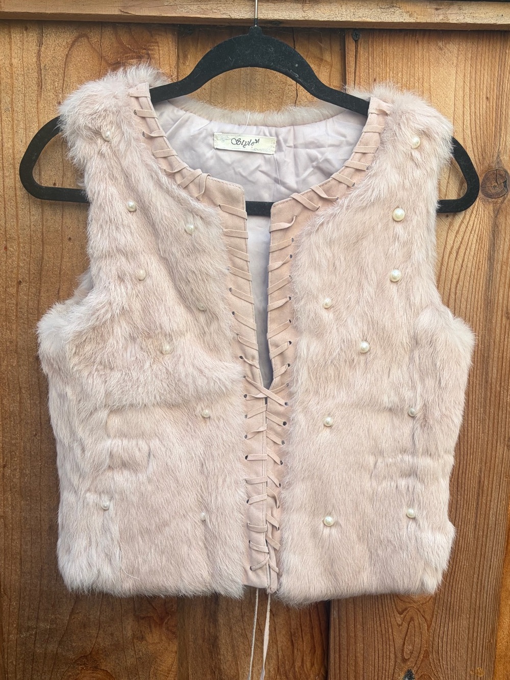 Vtg Real fur vest with suede laces and faux pearls in size xs